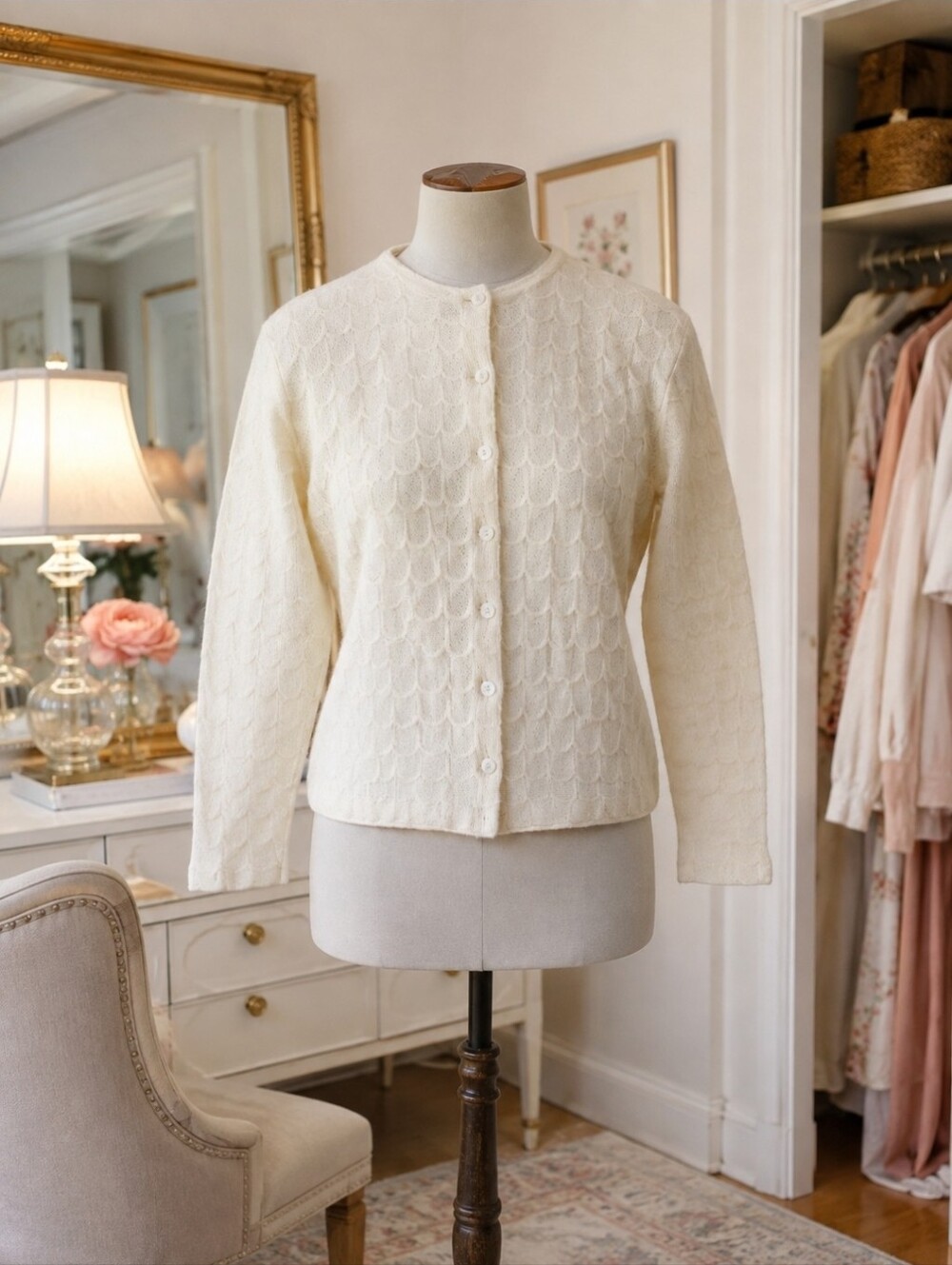 Vintage Dalton 100% Cashmere Cardigan Ivory Scallop Knit Pearl Buttons Womens M